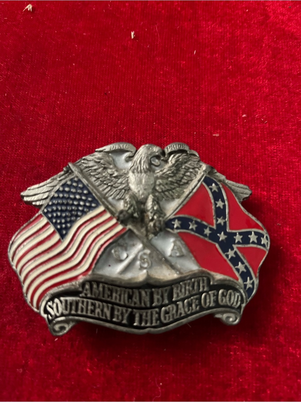Patriotic Eagle Pin with US and Confederate Flags - Red, Blue, Silver